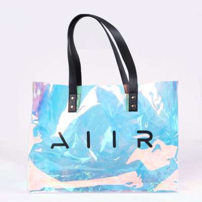 Fashion Transparent Travel Bag Pvc Laser Holographic Hologram Cosmetic Pouch Makeup Bag Clear Pvc  Beach Tote bag